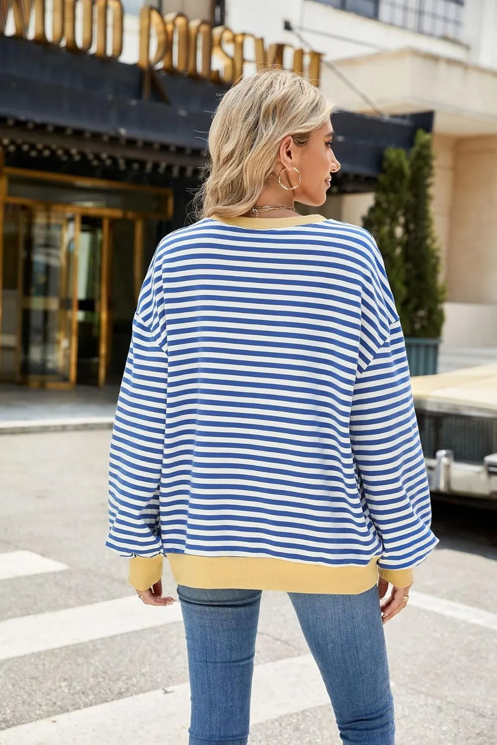ABOCIW Womens Striped Oversized Sweatshirt Color Block Long Sleeve Crewneck Pullover Top Y2K Shirt