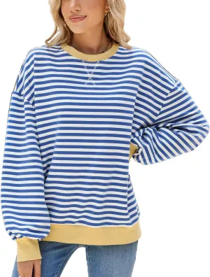ABOCIW Womens Striped Oversized Sweatshirt Color Block Long Sleeve Crewneck Pullover Top Y2K Shirt