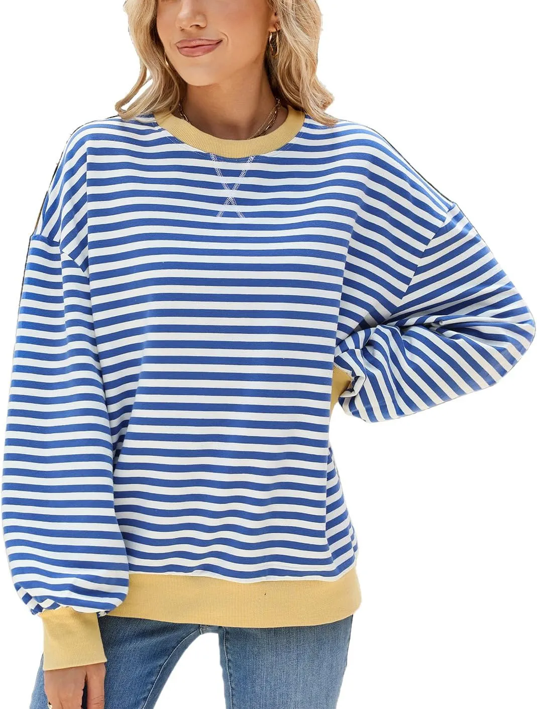 ABOCIW Womens Striped Oversized Sweatshirt Color Block Long Sleeve Crewneck Pullover Top Y2K Shirt