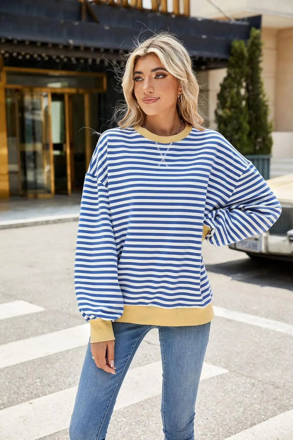 ABOCIW Womens Striped Oversized Sweatshirt Color Block Long Sleeve Crewneck Pullover Top Y2K Shirt
