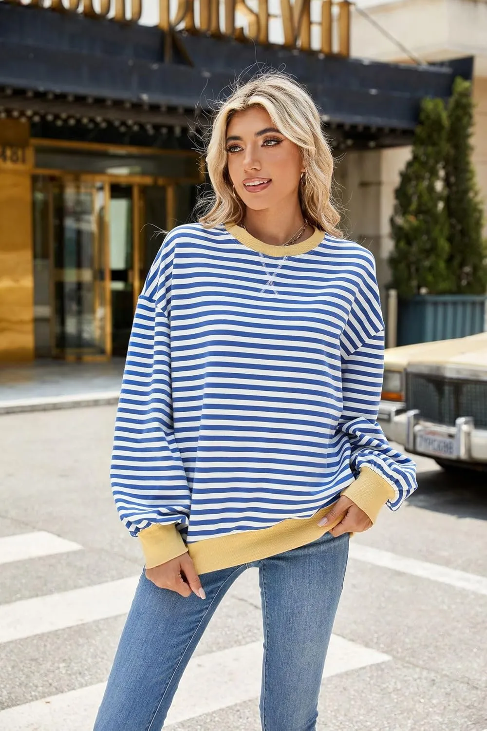ABOCIW Womens Striped Oversized Sweatshirt Color Block Long Sleeve Crewneck Pullover Top Y2K Shirt