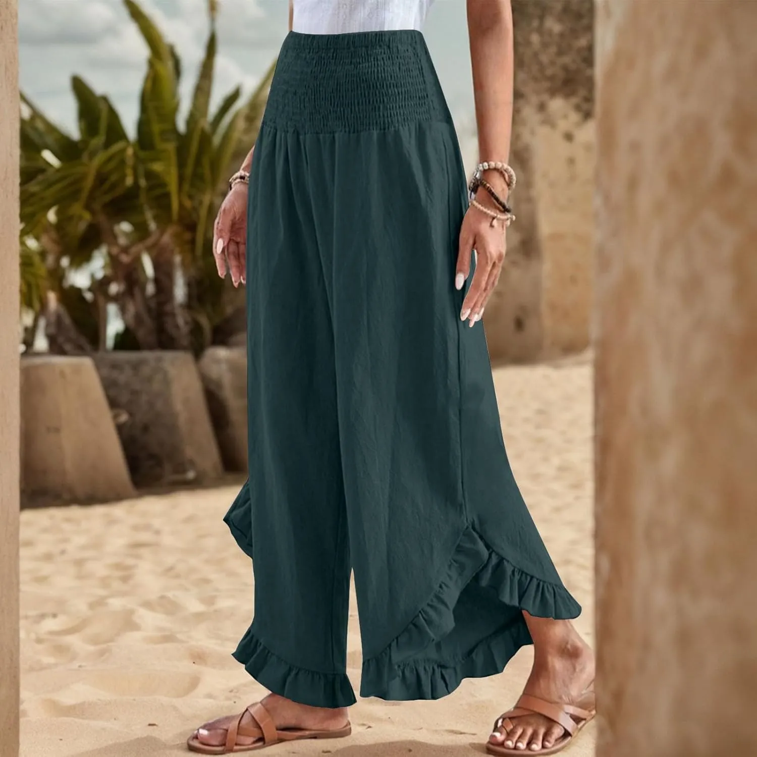 ADHOWBEW Linen Pants for Women Work High Waisted Lounge Plus Size Stretch Cotton Casual Dressy Flowy Pants Bottoms