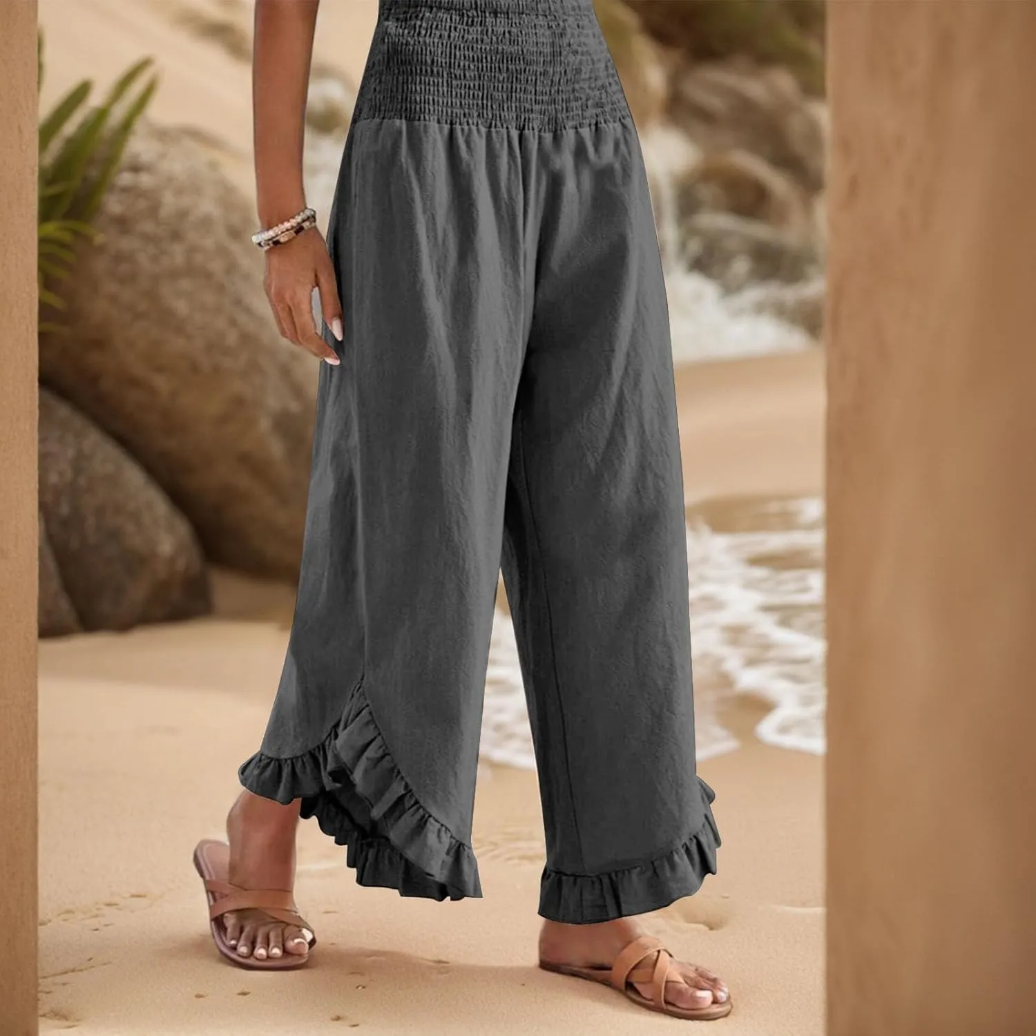 ADHOWBEW Linen Pants for Women Work High Waisted Lounge Plus Size Stretch Cotton Casual Dressy Flowy Pants Bottoms
