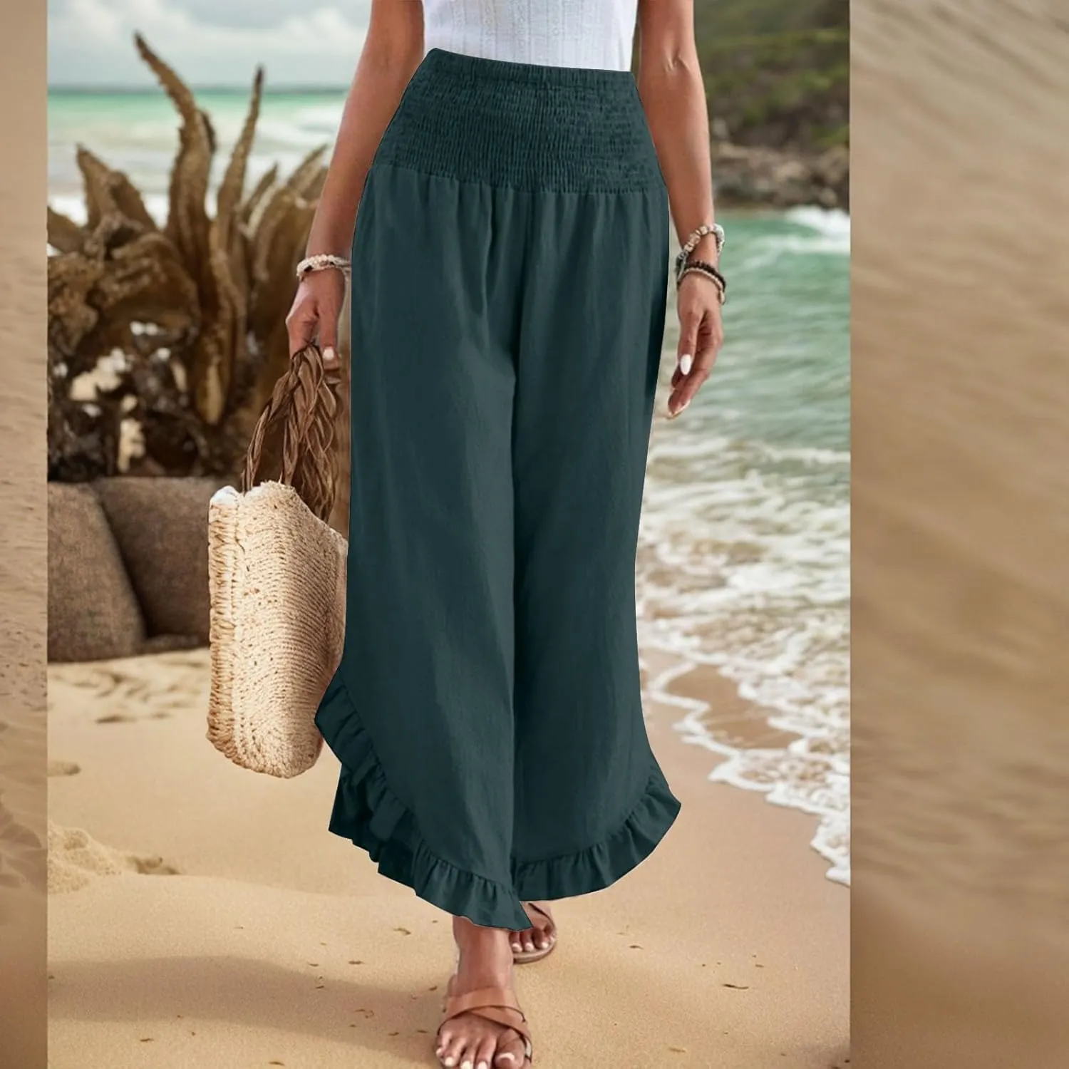 ADHOWBEW Linen Pants for Women Work High Waisted Lounge Plus Size Stretch Cotton Casual Dressy Flowy Pants Bottoms