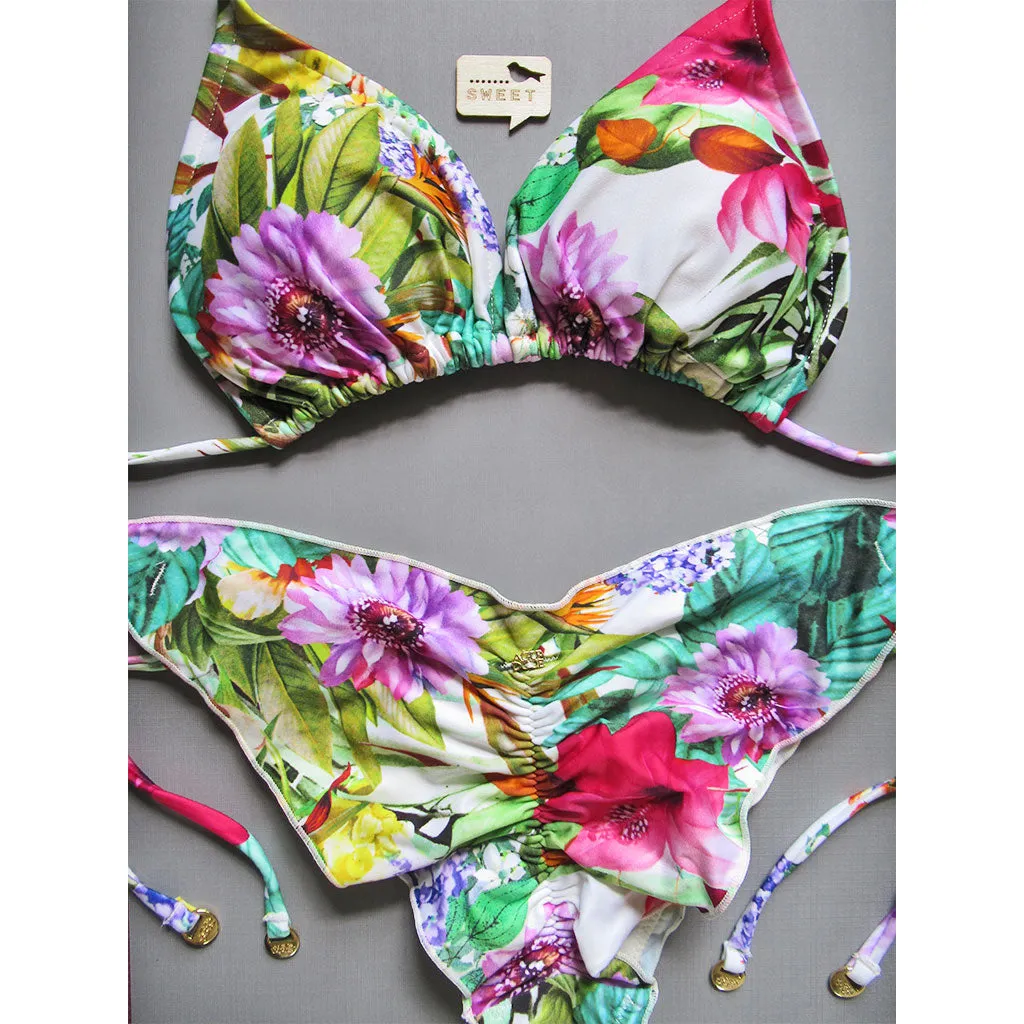 Agua Doce Eve White Floral Triangle Bikini w/Scrunch Bottom