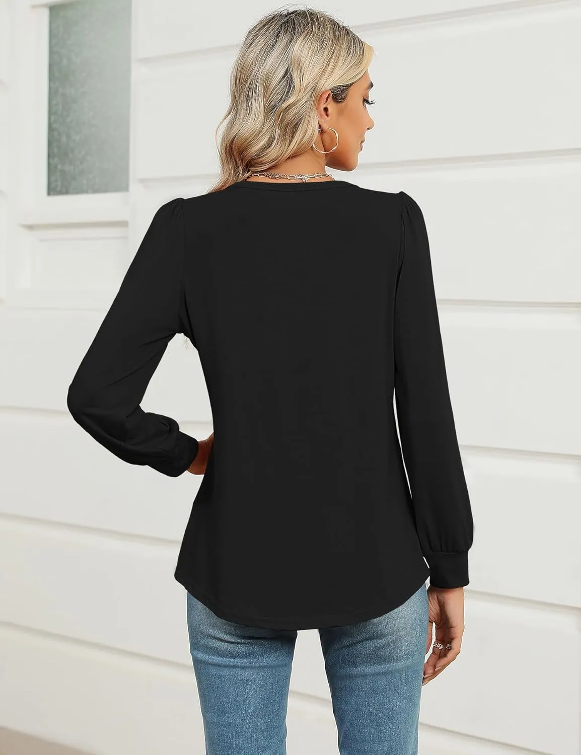 AKEWEI Womens Fall Long Sleeve Tops Work Casual Dressy Shirts for Women Keyhole Pleated Puff Sleeve Blouse