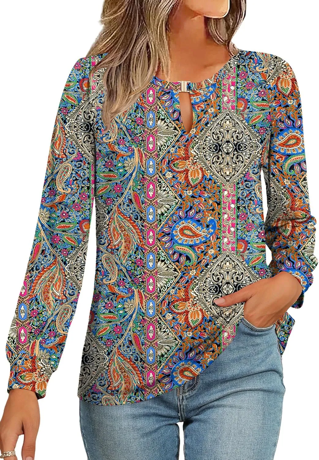 AKEWEI Womens Fall Long Sleeve Tops Work Casual Dressy Shirts for Women Keyhole Pleated Puff Sleeve Blouse