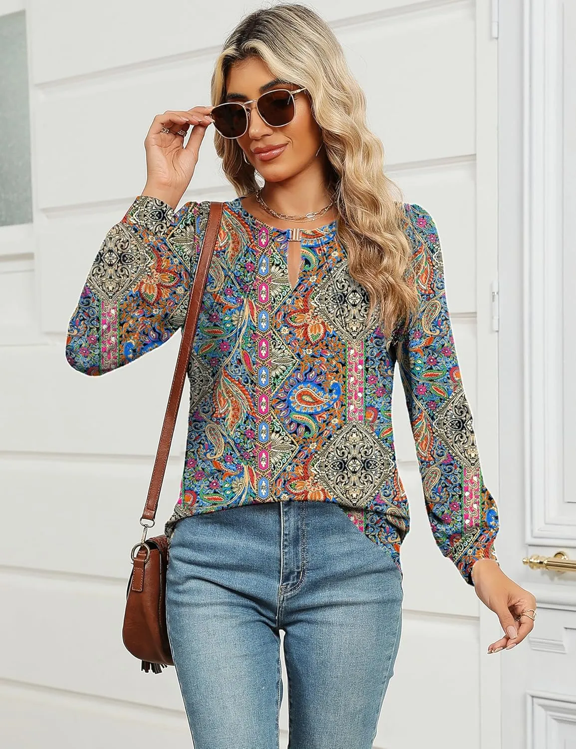 AKEWEI Womens Fall Long Sleeve Tops Work Casual Dressy Shirts for Women Keyhole Pleated Puff Sleeve Blouse