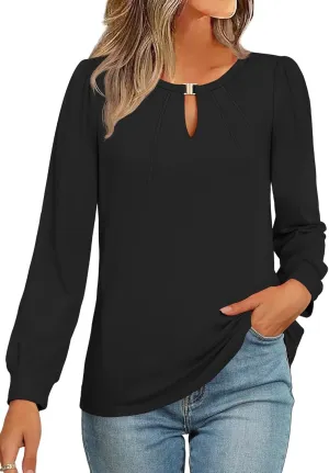 AKEWEI Womens Fall Long Sleeve Tops Work Casual Dressy Shirts for Women Keyhole Pleated Puff Sleeve Blouse