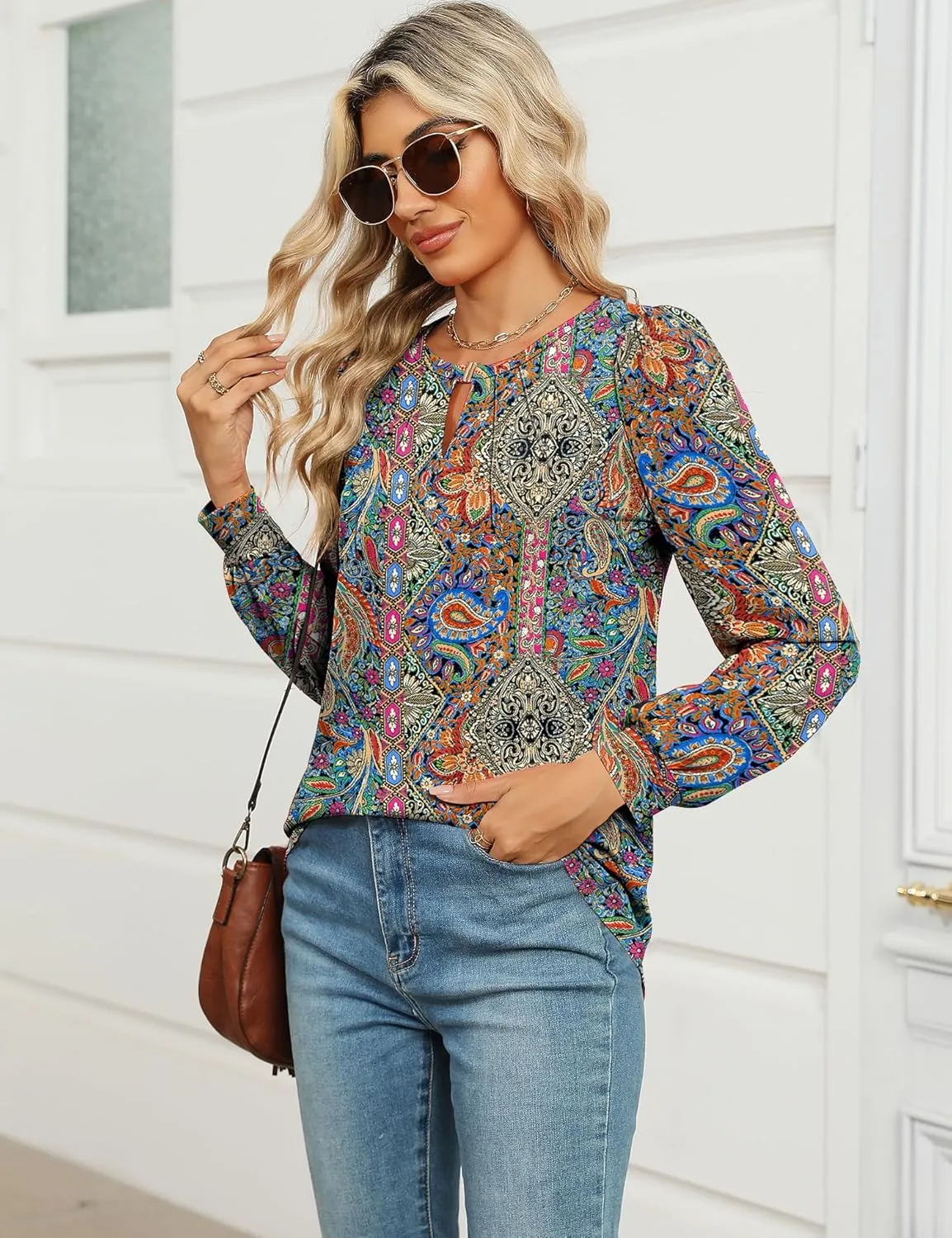 AKEWEI Womens Fall Long Sleeve Tops Work Casual Dressy Shirts for Women Keyhole Pleated Puff Sleeve Blouse