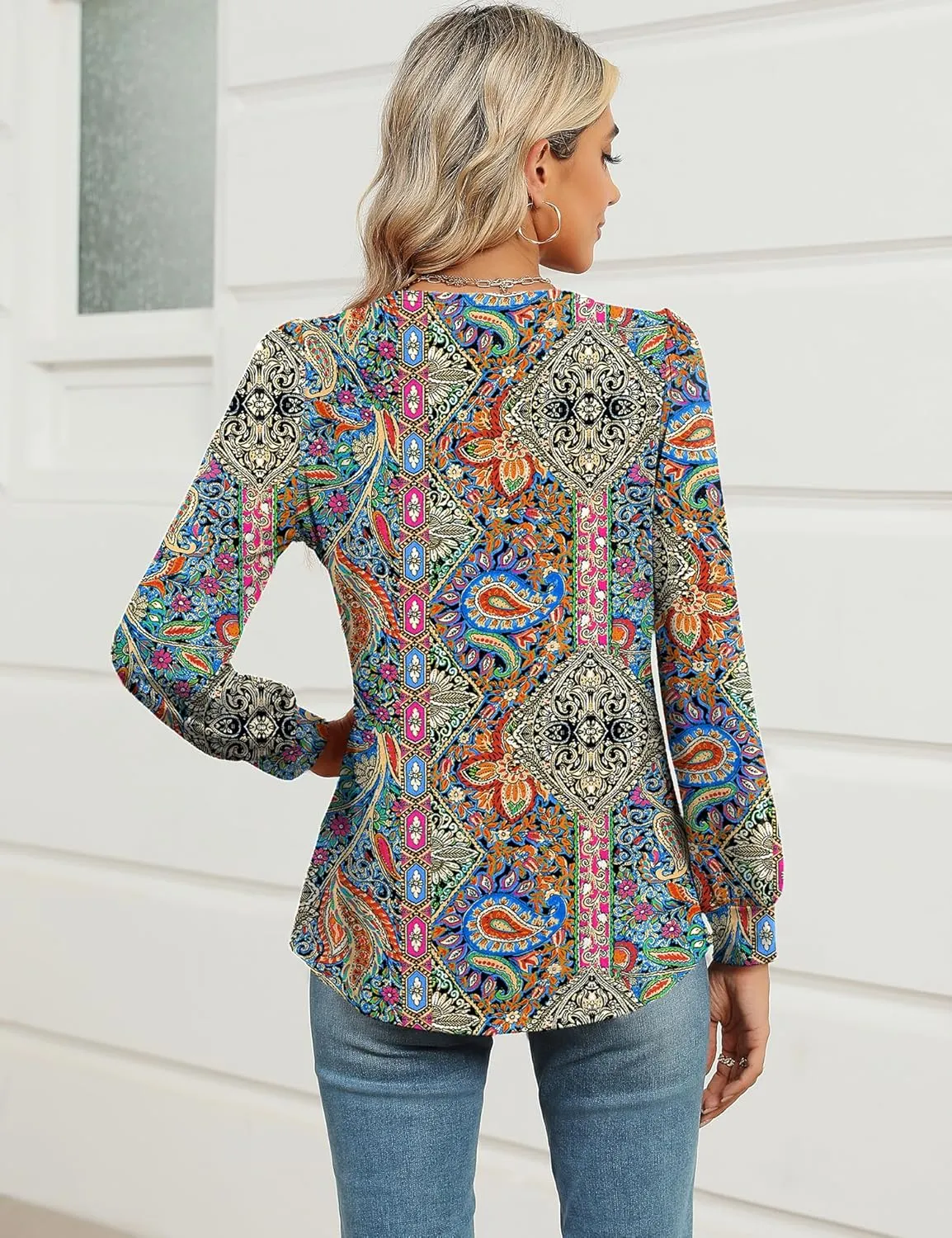 AKEWEI Womens Fall Long Sleeve Tops Work Casual Dressy Shirts for Women Keyhole Pleated Puff Sleeve Blouse