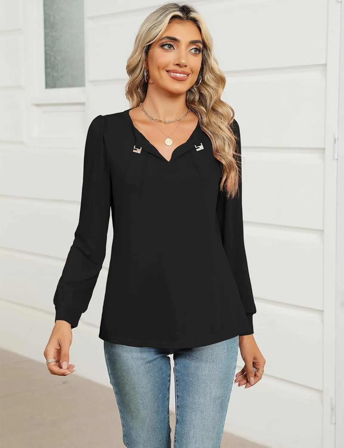 AKEWEI Womens Fall Long Sleeve Tops Work Casual Dressy Shirts for Women Keyhole Pleated Puff Sleeve Blouse
