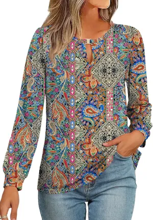 AKEWEI Womens Fall Long Sleeve Tops Work Casual Dressy Shirts for Women Keyhole Pleated Puff Sleeve Blouse