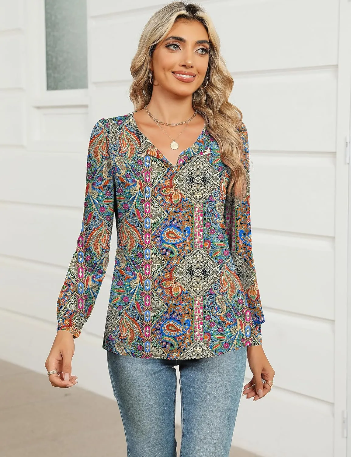 AKEWEI Womens Fall Long Sleeve Tops Work Casual Dressy Shirts for Women Keyhole Pleated Puff Sleeve Blouse