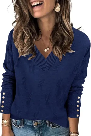 AKEWEI Womens V Neck Sweaters Long Sleeve Lightweight Knit Pullover Tops with Decorative Buttons