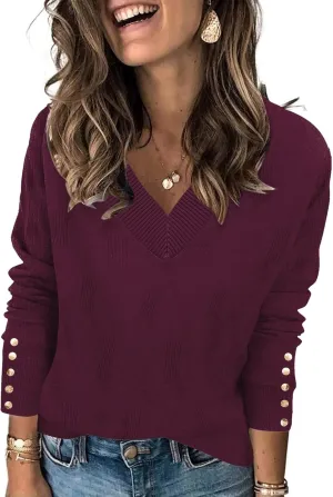 AKEWEI Womens V Neck Sweaters Long Sleeve Lightweight Knit Pullover Tops with Decorative Buttons