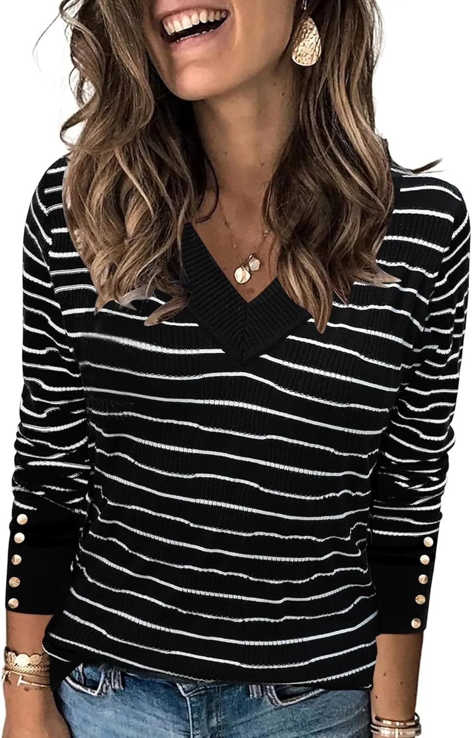 AKEWEI Womens V Neck Sweaters Long Sleeve Lightweight Knit Pullover Tops with Decorative Buttons