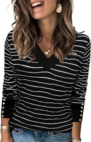 AKEWEI Womens V Neck Sweaters Long Sleeve Lightweight Knit Pullover Tops with Decorative Buttons