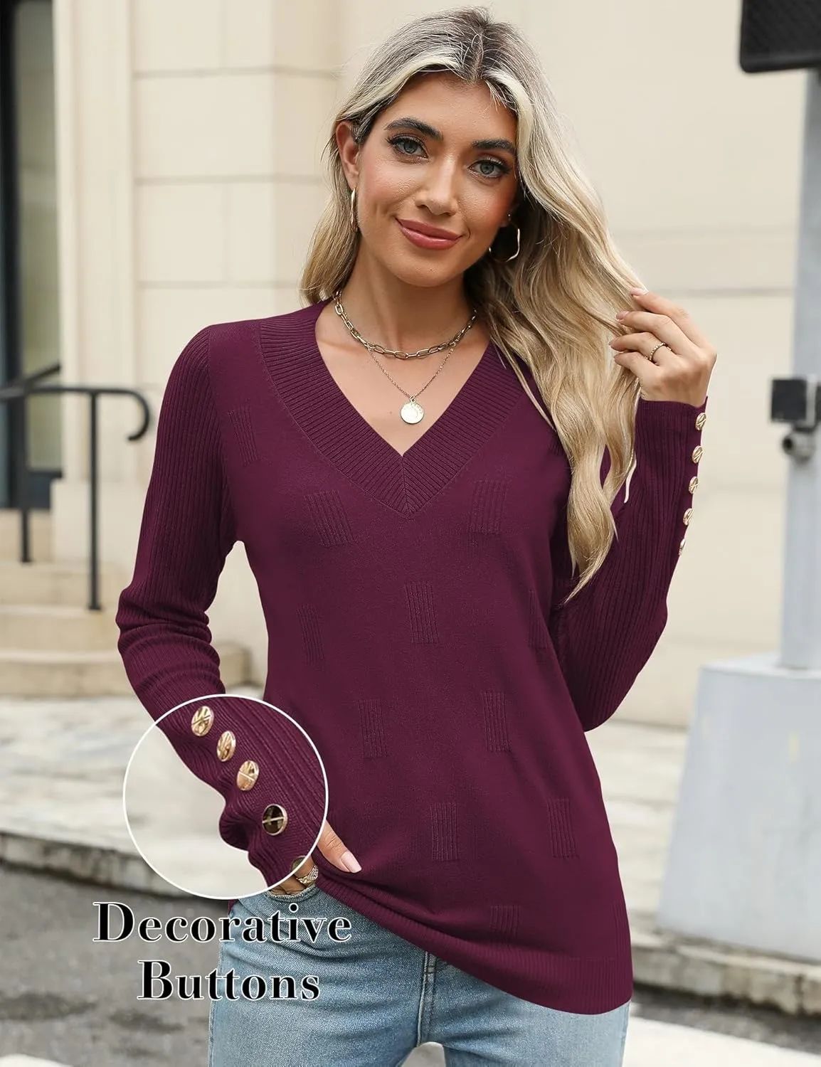 AKEWEI Womens V Neck Sweaters Long Sleeve Lightweight Knit Pullover Tops with Decorative Buttons
