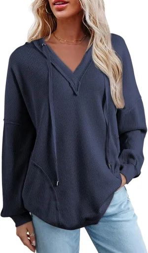 AlvaQ Women Hoodies Oversized Sweatshirts Casual Long Sleeve V Neck Drawstring Waffle Knit Tops Fashion Outfits
