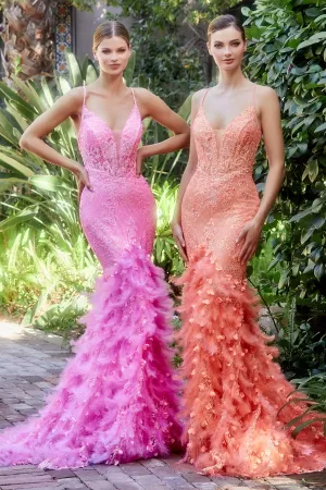 ANDREA & LEO A1116 Glitter Deep V-Neck Feather Mermaid Dress