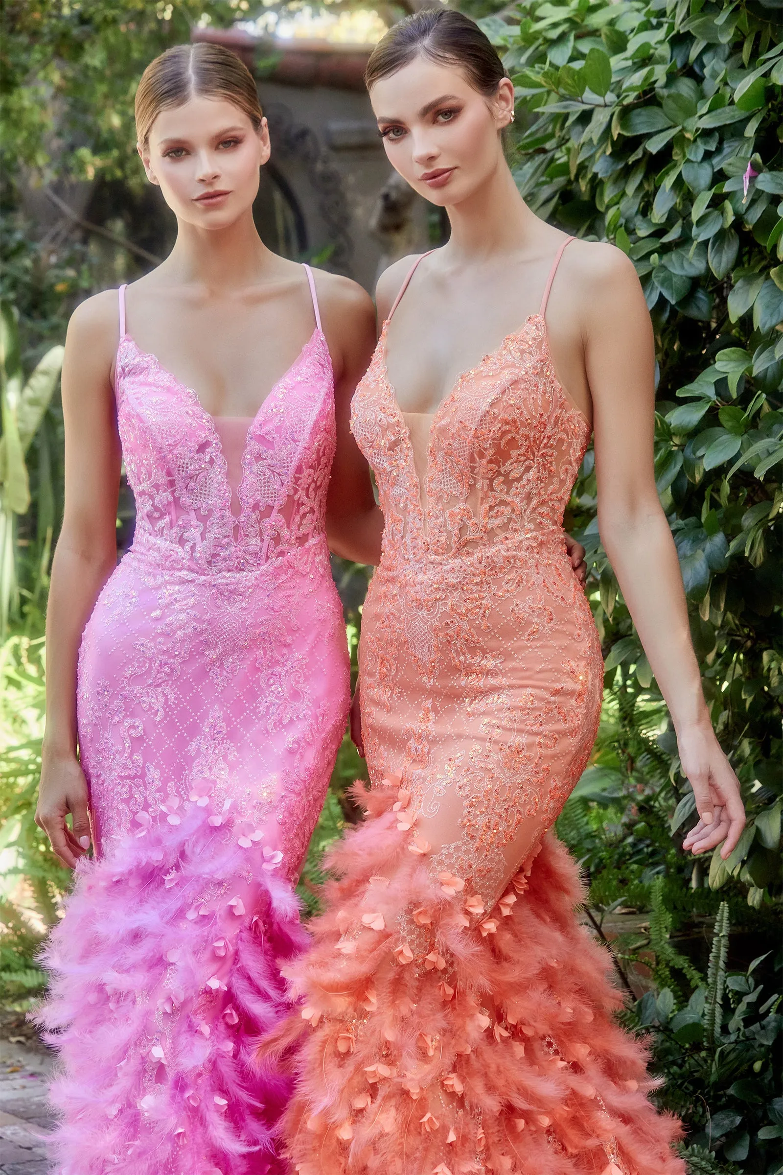 ANDREA & LEO A1116 Glitter Deep V-Neck Feather Mermaid Dress
