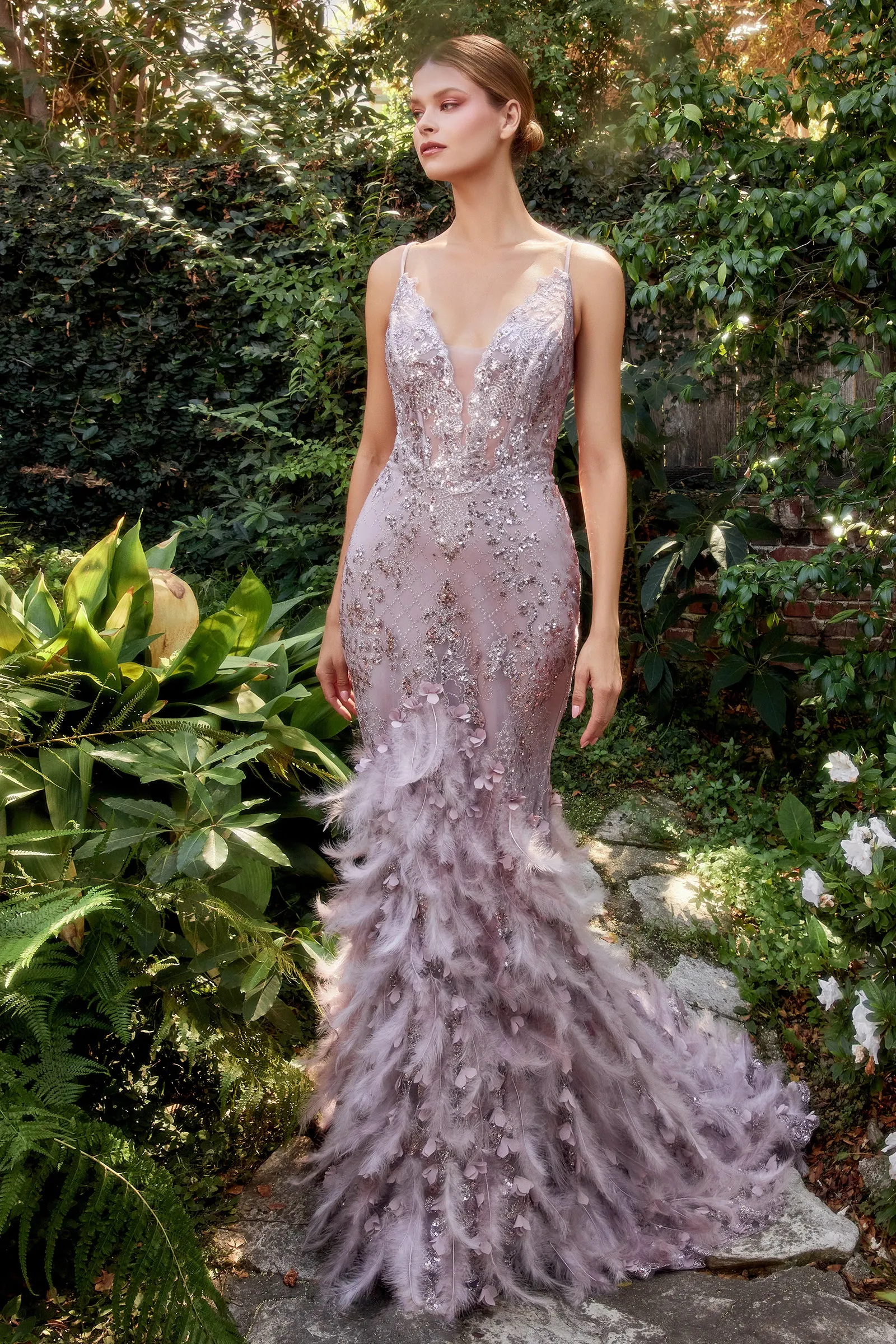 ANDREA & LEO A1116 Glitter Deep V-Neck Feather Mermaid Dress