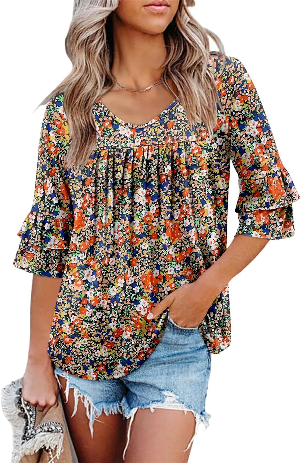 Angerella 3/4 Length Sleeve Womens Tops Dressy Casual Blouses Loose Fit Tunic Tops V Neck T Shirts Spring Summer Outfits