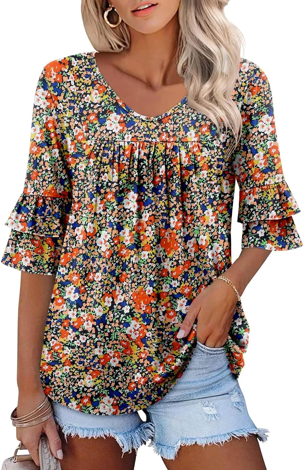 Angerella 3/4 Length Sleeve Womens Tops Dressy Casual Blouses Loose Fit Tunic Tops V Neck T Shirts Spring Summer Outfits
