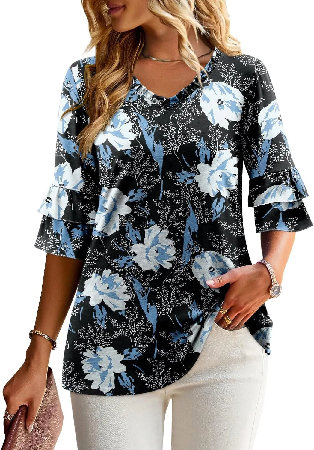 Angerella 3/4 Length Sleeve Womens Tops Dressy Casual Blouses Loose Fit Tunic Tops V Neck T Shirts Spring Summer Outfits
