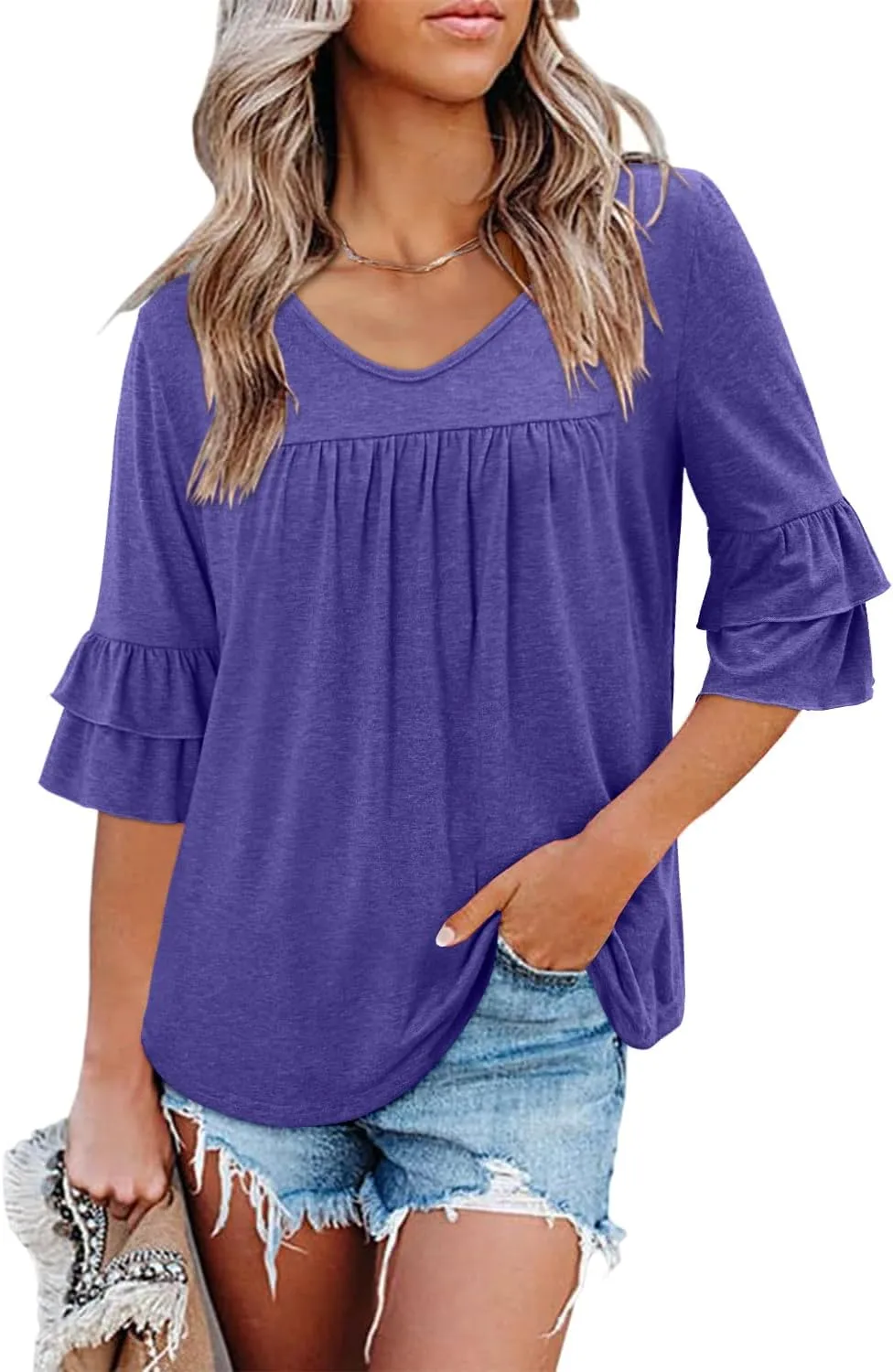 Angerella 3/4 Length Sleeve Womens Tops Dressy Casual Blouses Loose Fit Tunic Tops V Neck T Shirts Spring Summer Outfits