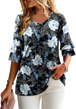 Angerella 3/4 Length Sleeve Womens Tops Dressy Casual Blouses Loose Fit Tunic Tops V Neck T Shirts Spring Summer Outfits