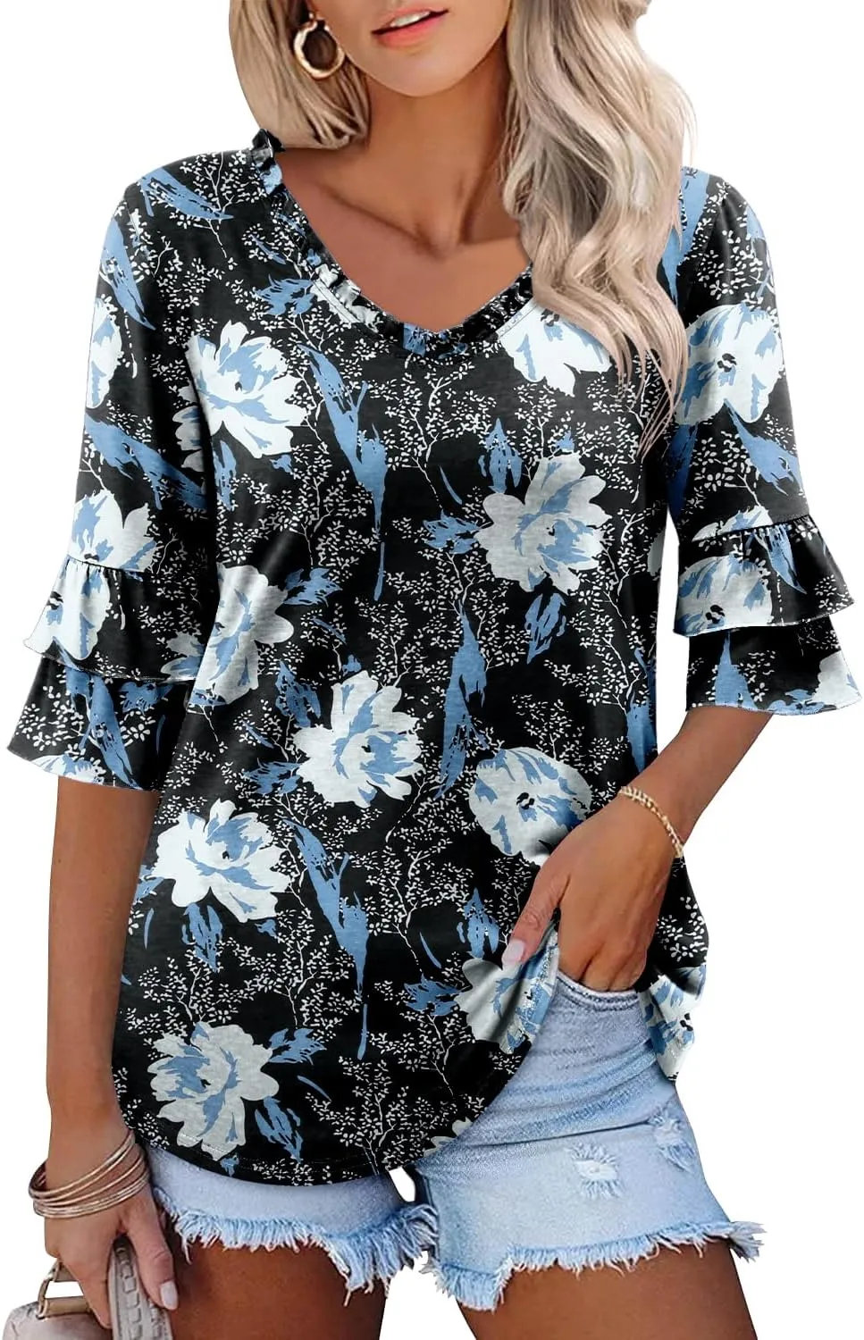 Angerella 3/4 Length Sleeve Womens Tops Dressy Casual Blouses Loose Fit Tunic Tops V Neck T Shirts Spring Summer Outfits