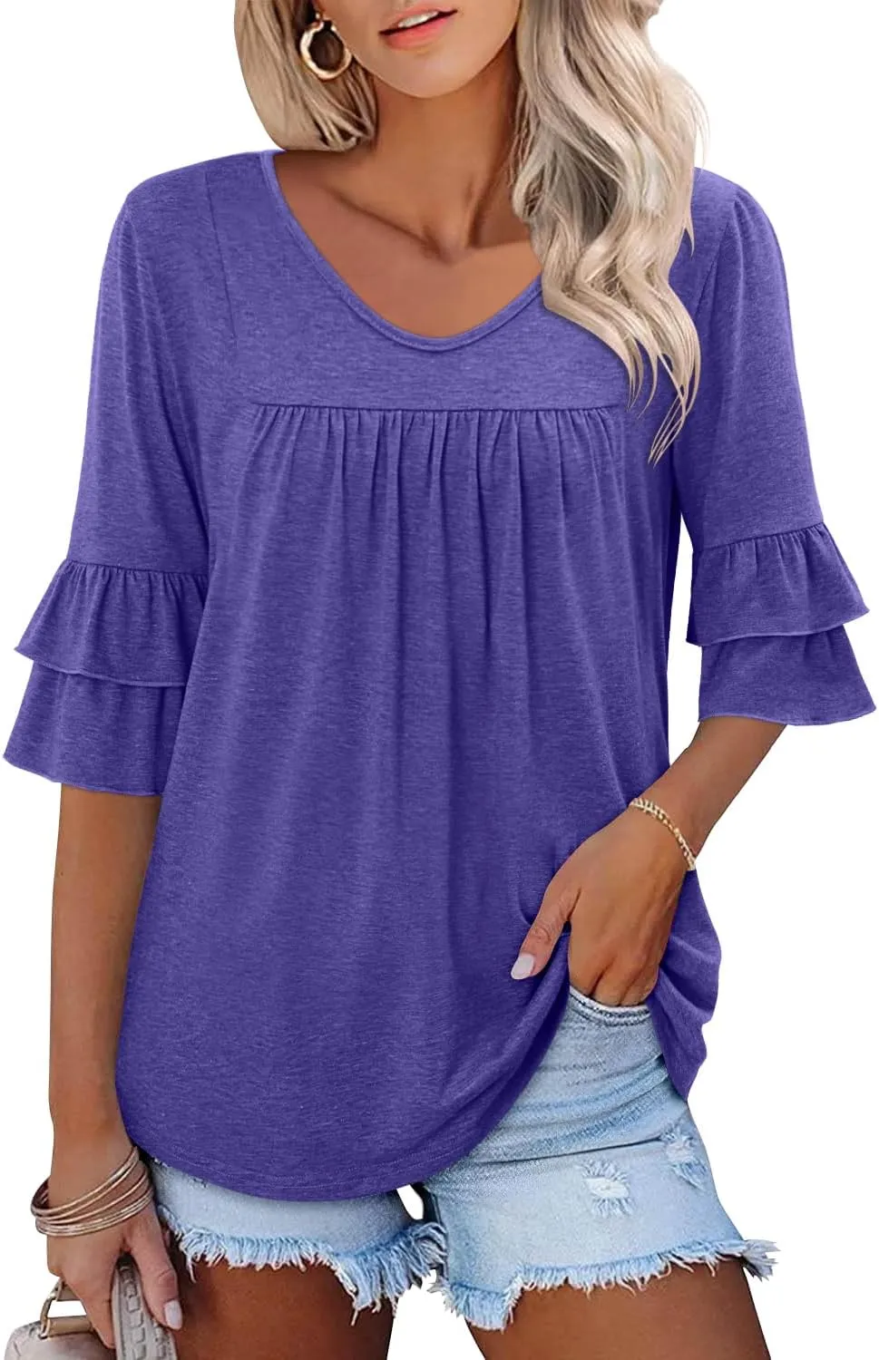 Angerella 3/4 Length Sleeve Womens Tops Dressy Casual Blouses Loose Fit Tunic Tops V Neck T Shirts Spring Summer Outfits
