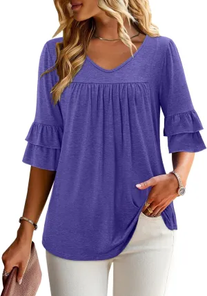 Angerella 3/4 Length Sleeve Womens Tops Dressy Casual Blouses Loose Fit Tunic Tops V Neck T Shirts Spring Summer Outfits