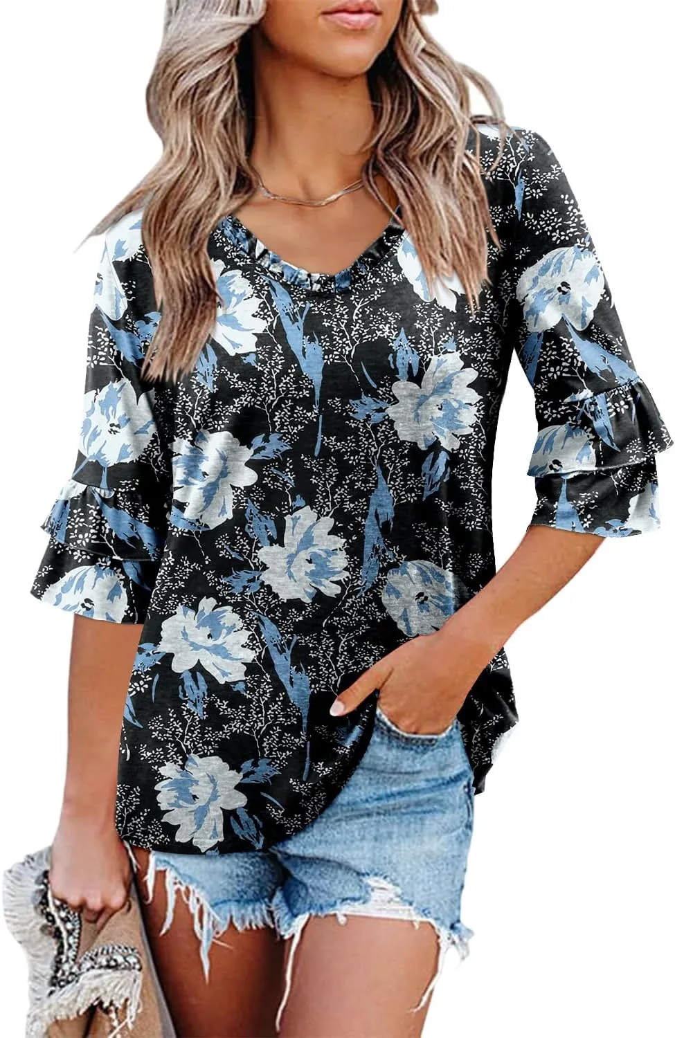 Angerella 3/4 Length Sleeve Womens Tops Dressy Casual Blouses Loose Fit Tunic Tops V Neck T Shirts Spring Summer Outfits
