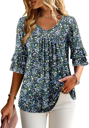 Angerella 3/4 Length Sleeve Womens Tops Dressy Casual Blouses Loose Fit Tunic Tops V Neck T Shirts Spring Summer Outfits