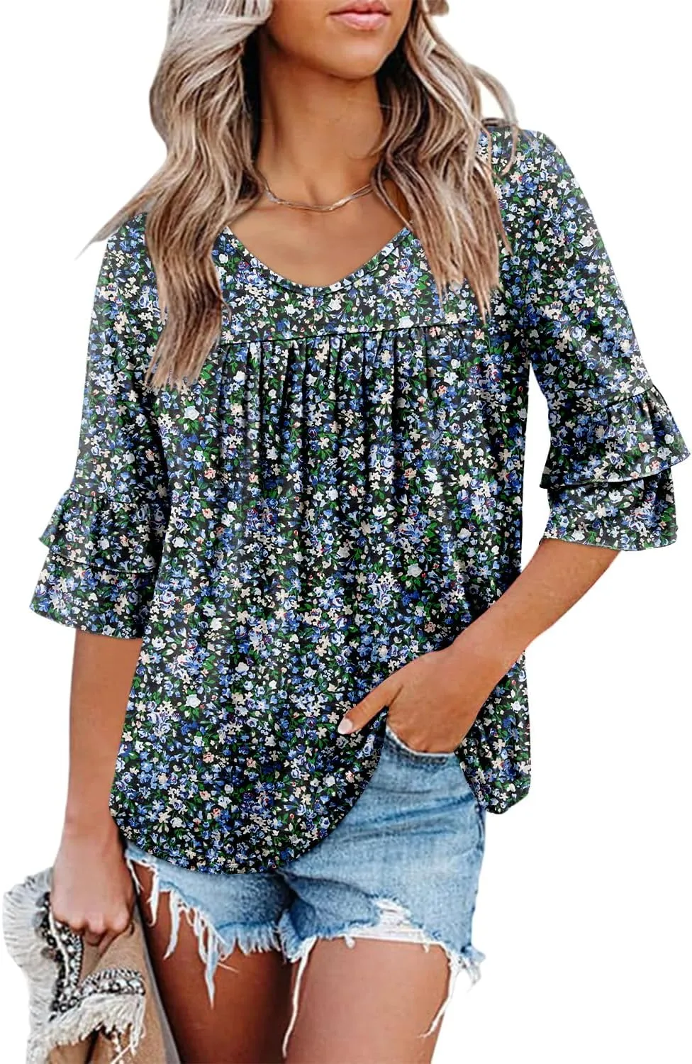 Angerella 3/4 Length Sleeve Womens Tops Dressy Casual Blouses Loose Fit Tunic Tops V Neck T Shirts Spring Summer Outfits