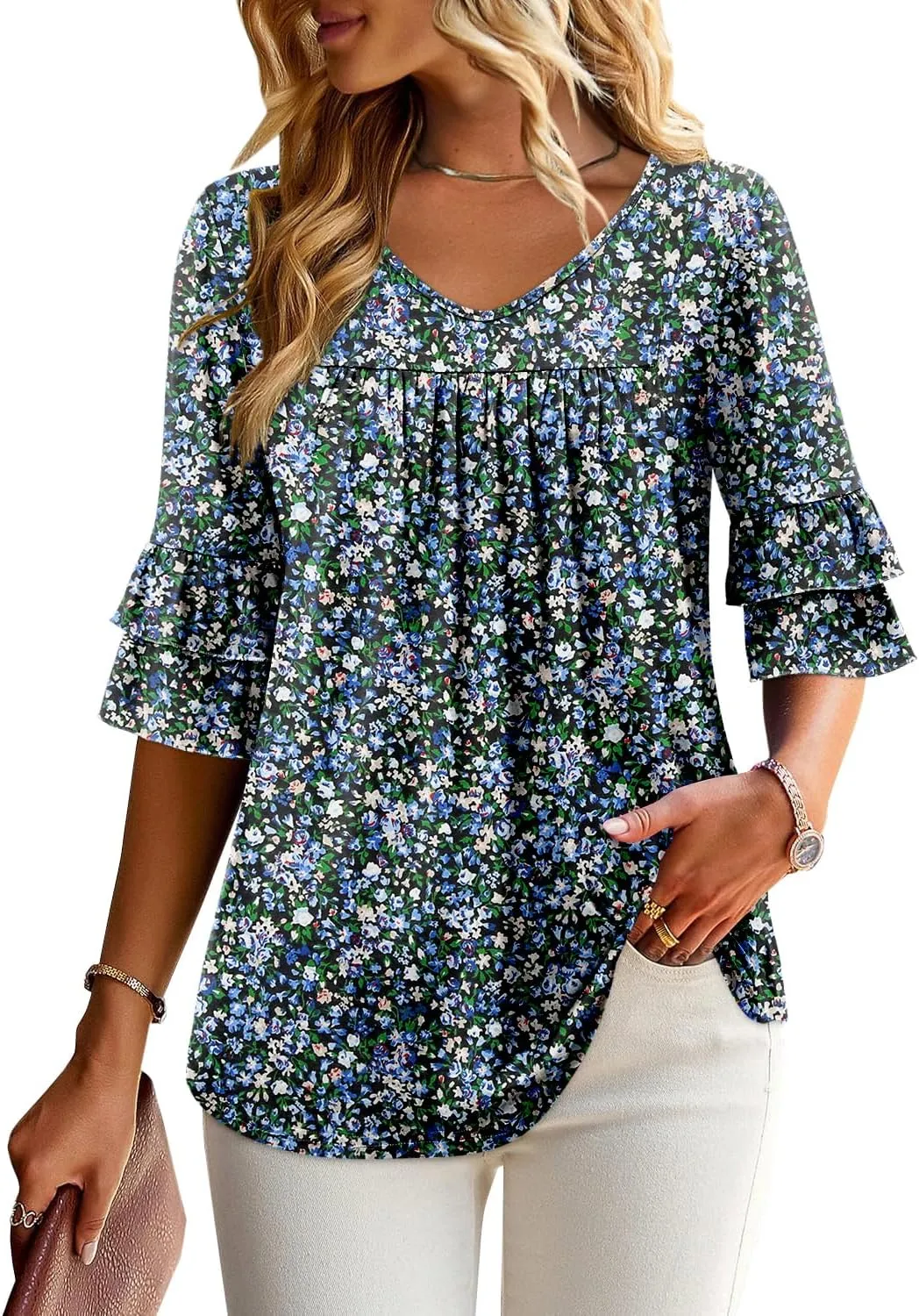 Angerella 3/4 Length Sleeve Womens Tops Dressy Casual Blouses Loose Fit Tunic Tops V Neck T Shirts Spring Summer Outfits