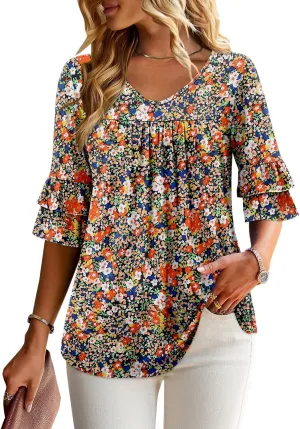 Angerella 3/4 Length Sleeve Womens Tops Dressy Casual Blouses Loose Fit Tunic Tops V Neck T Shirts Spring Summer Outfits