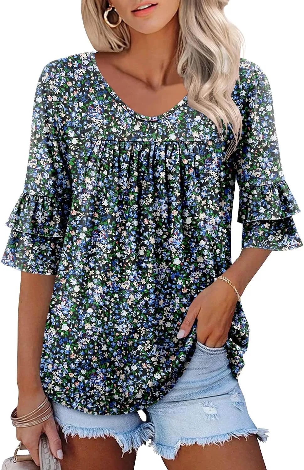 Angerella 3/4 Length Sleeve Womens Tops Dressy Casual Blouses Loose Fit Tunic Tops V Neck T Shirts Spring Summer Outfits