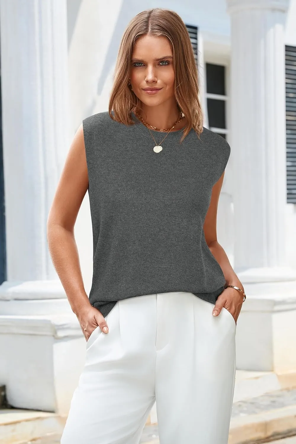 Arach&Cloz Women's Non See Through Crew Neck Cap Sleeve Vest Tops Loose Fit Summer Trendy Casual Sweaters 2025