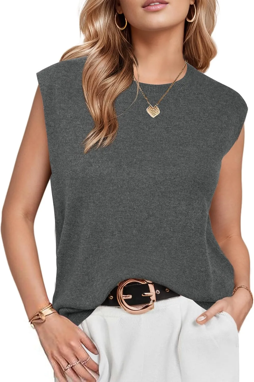 Arach&Cloz Women's Non See Through Crew Neck Cap Sleeve Vest Tops Loose Fit Summer Trendy Casual Sweaters 2025