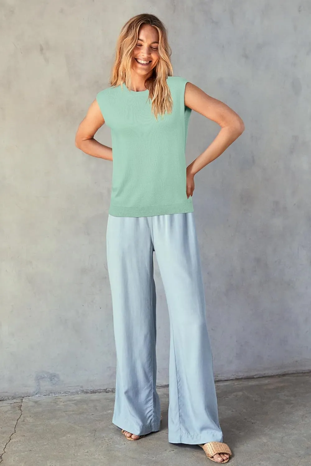 Arach&Cloz Women's Non See Through Crew Neck Cap Sleeve Vest Tops Loose Fit Summer Trendy Casual Sweaters 2025