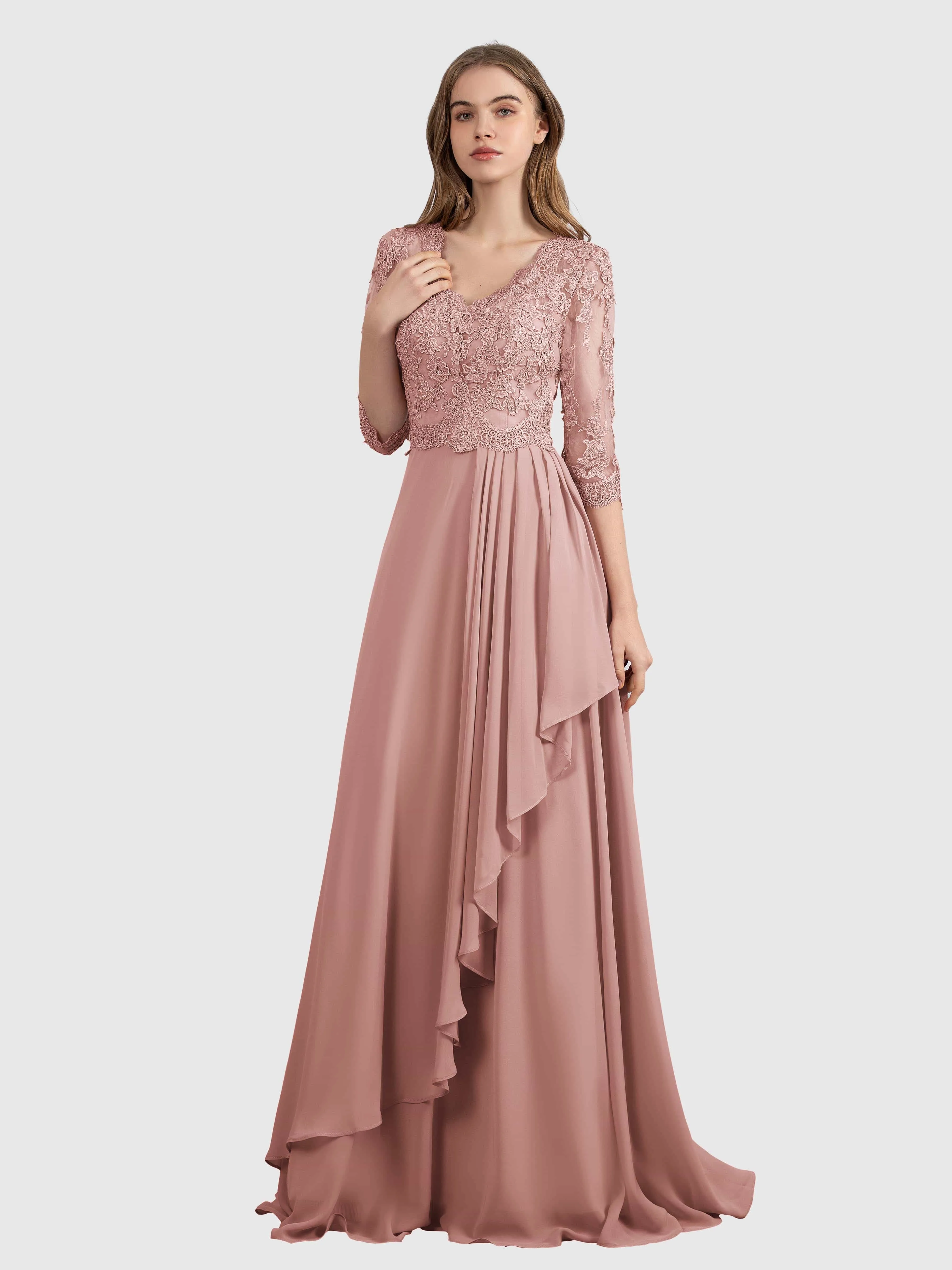 Aria Graceful Pleats Beading Lace Floor Length Bridesmaid Dresses