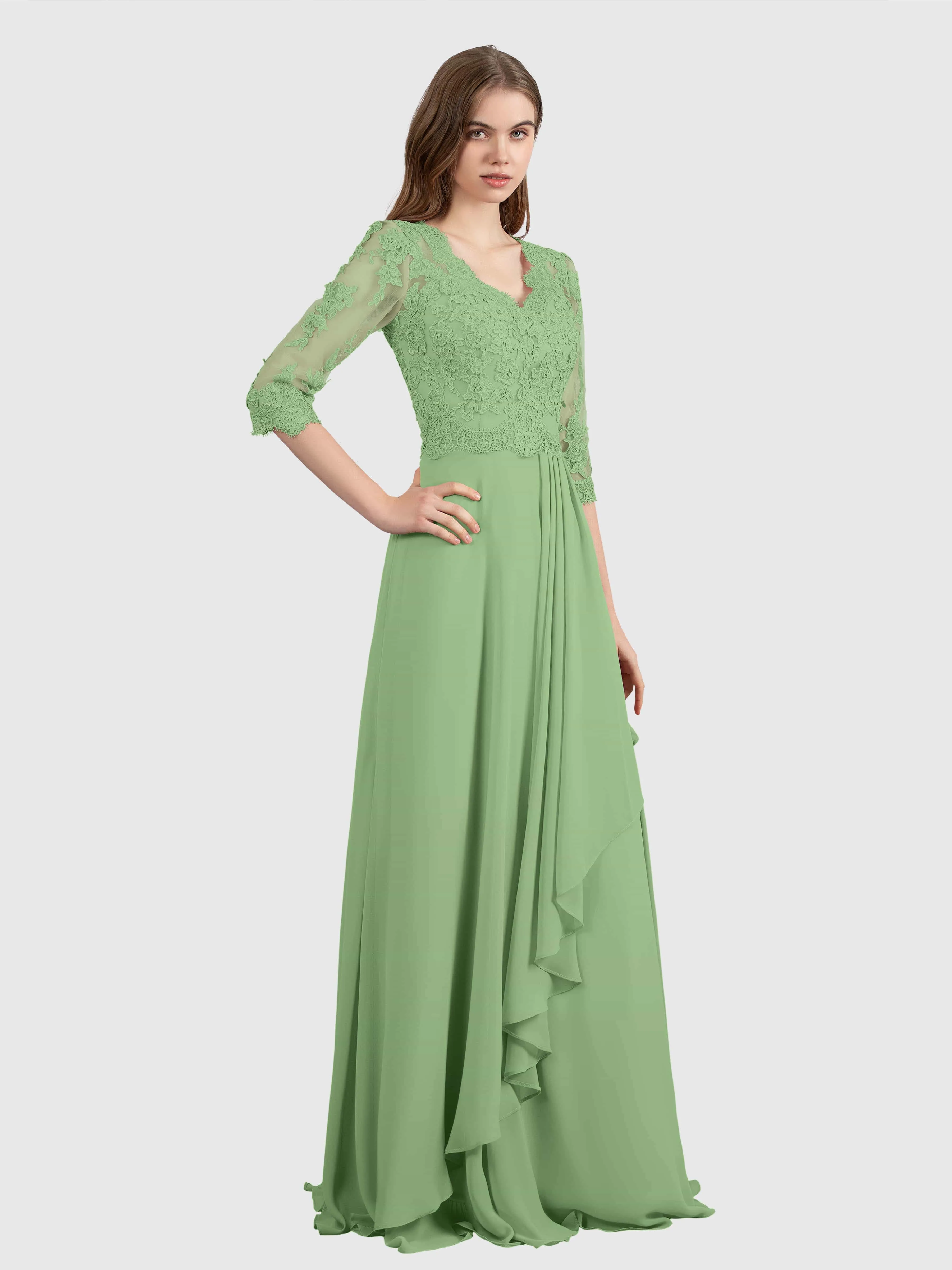 Aria Graceful Pleats Beading Lace Floor Length Bridesmaid Dresses