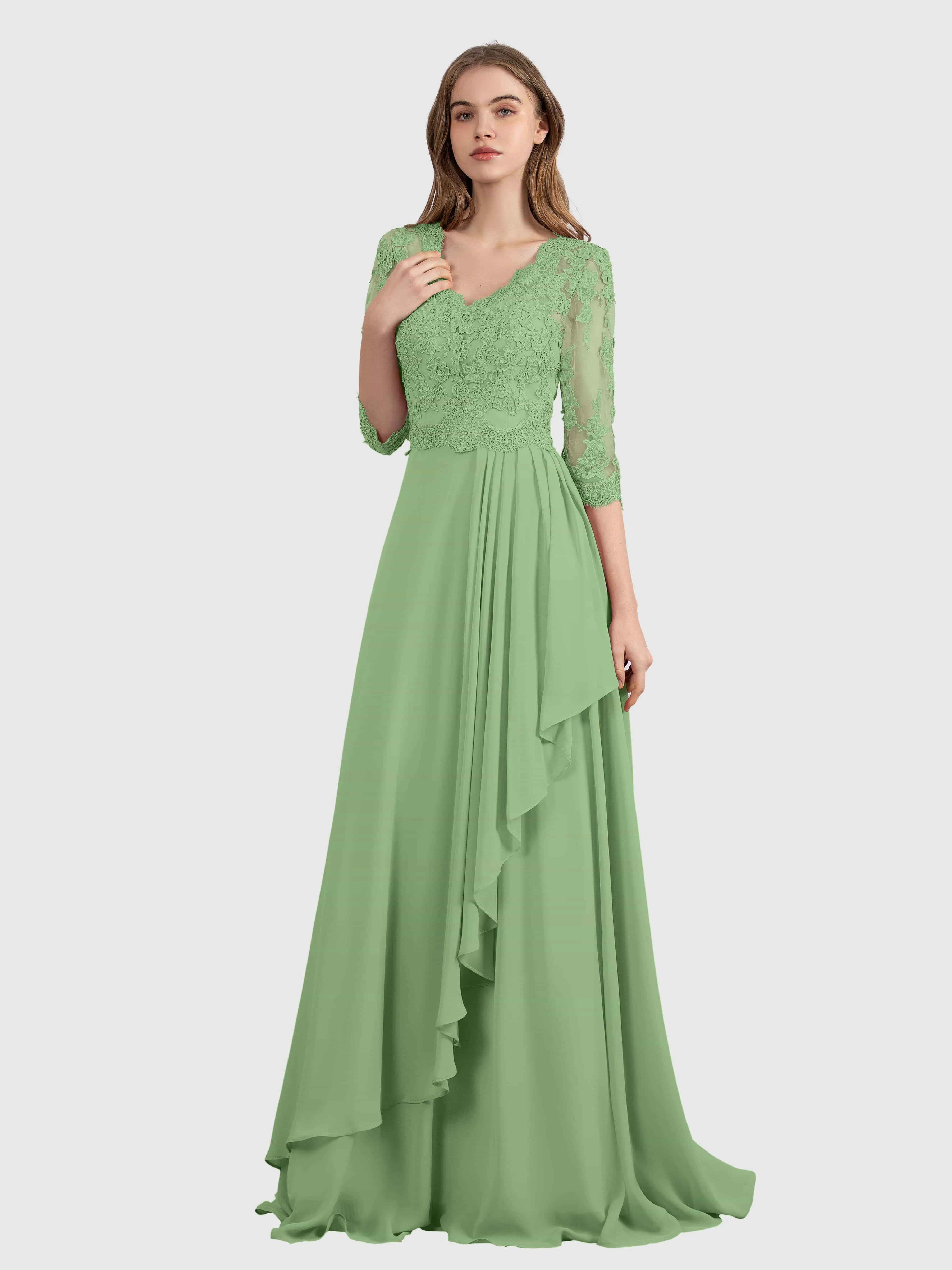 Aria Graceful Pleats Beading Lace Floor Length Bridesmaid Dresses