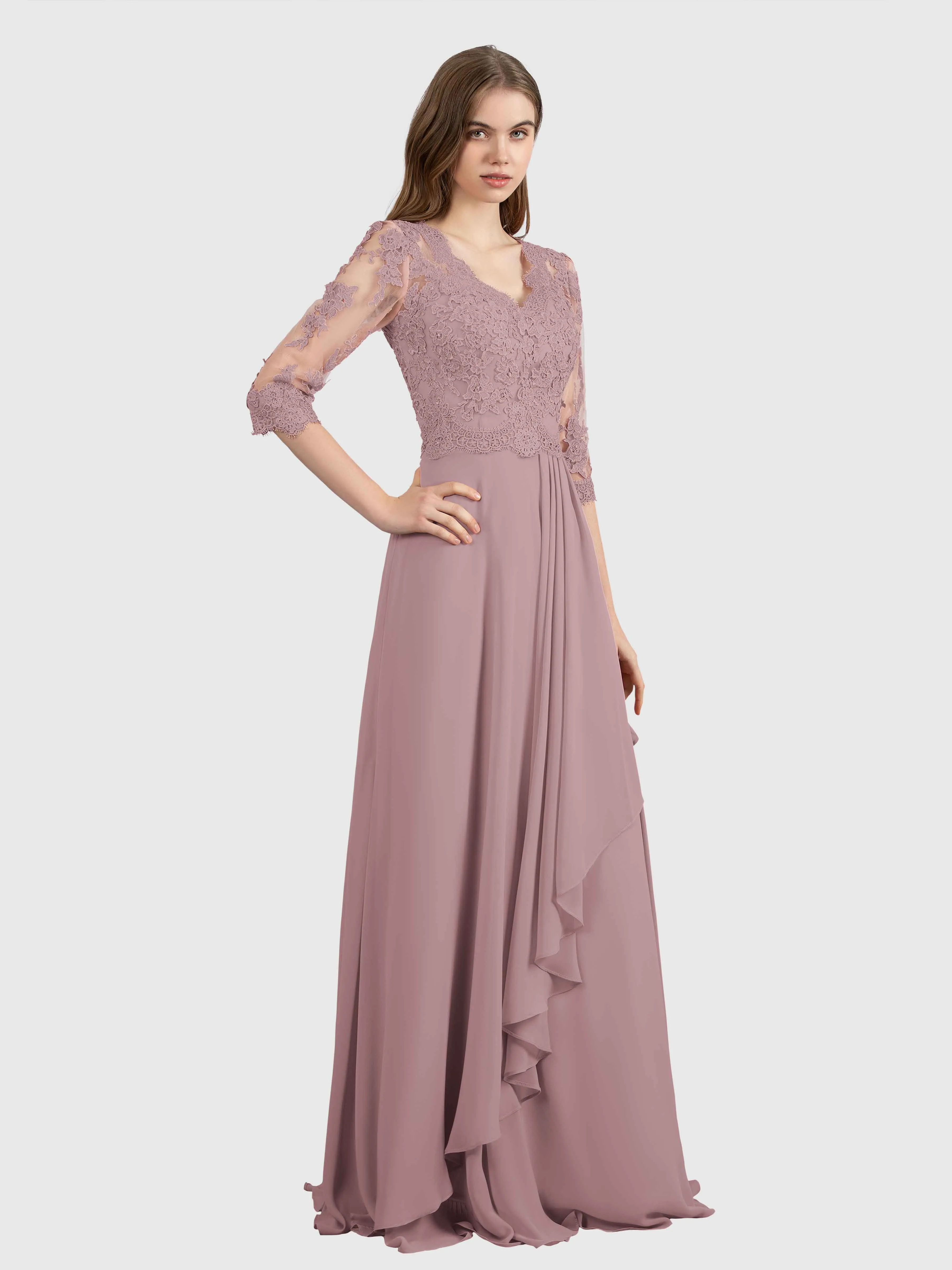 Aria Graceful Pleats Beading Lace Floor Length Bridesmaid Dresses