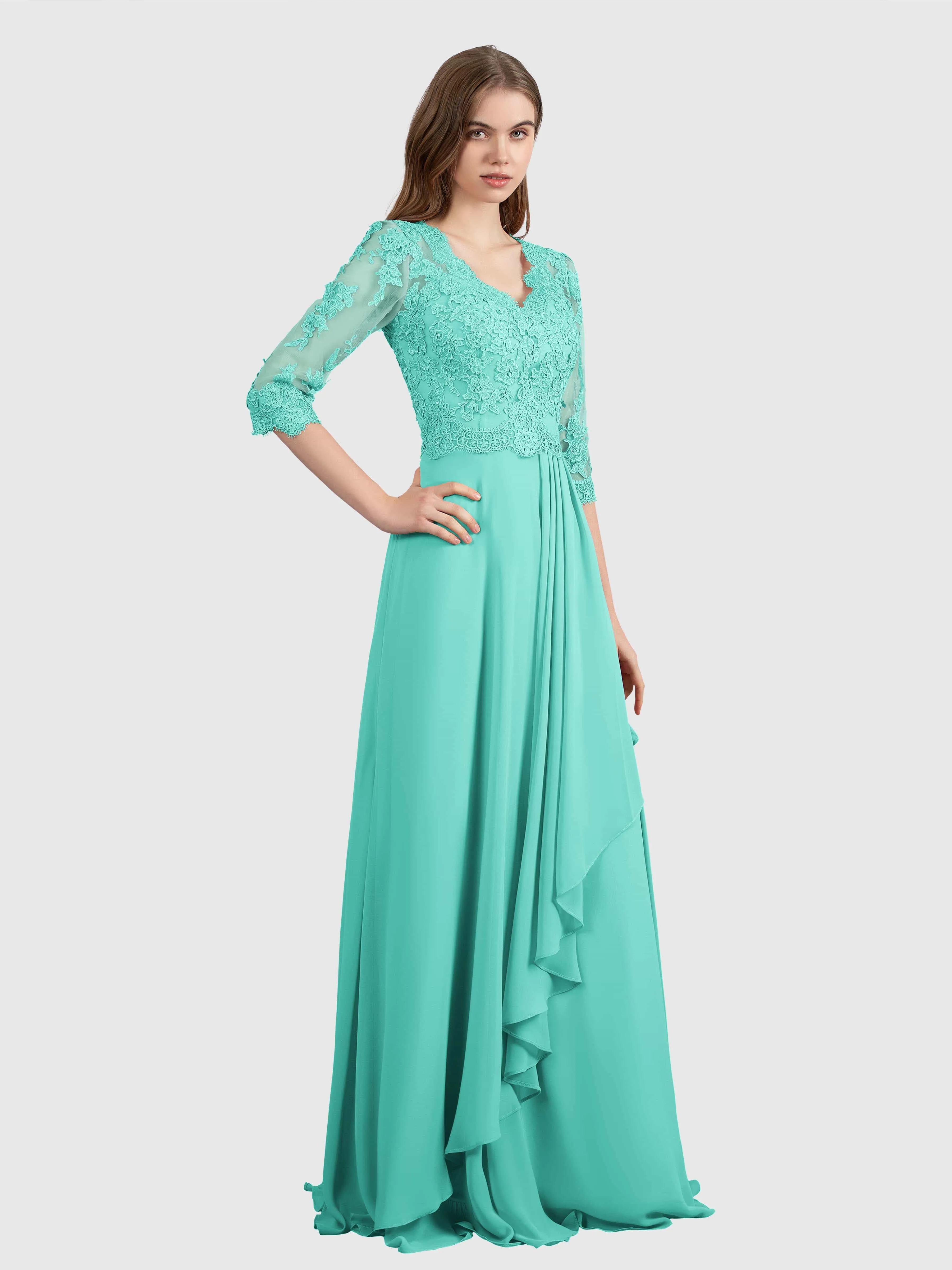 Aria Graceful Pleats Beading Lace Floor Length Bridesmaid Dresses