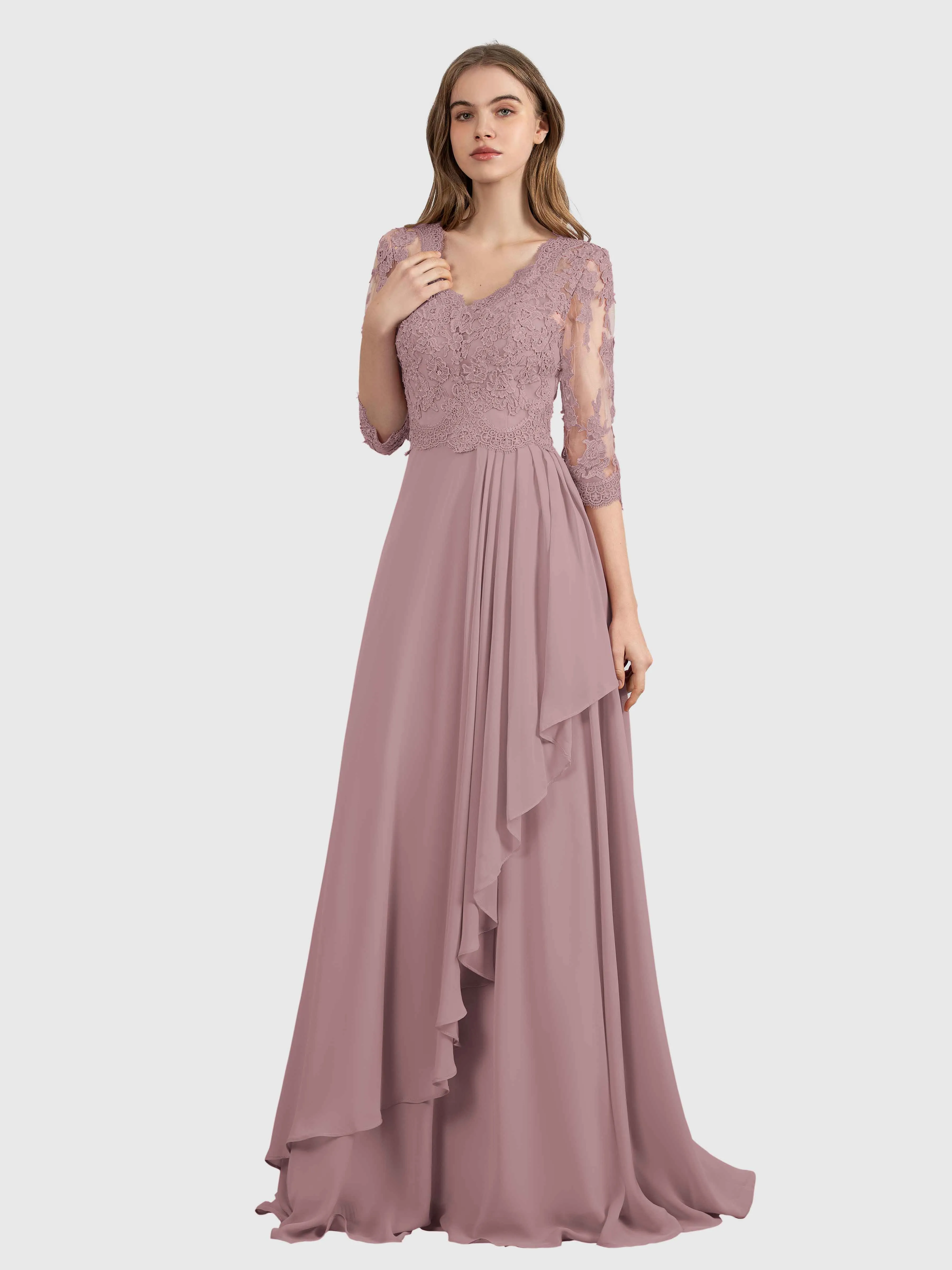 Aria Graceful Pleats Beading Lace Floor Length Bridesmaid Dresses